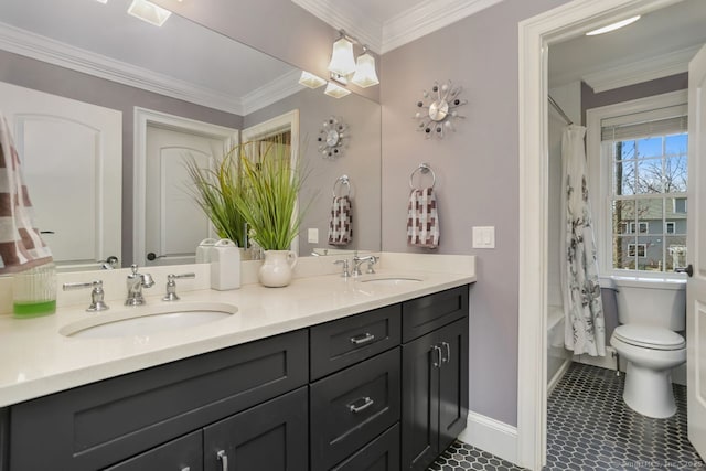 158 N Seir Hill Rd, Norwalk, CT 06850 - full bathroom featuring double vanity, toilet, shower / tub combo with curtain, and a sink