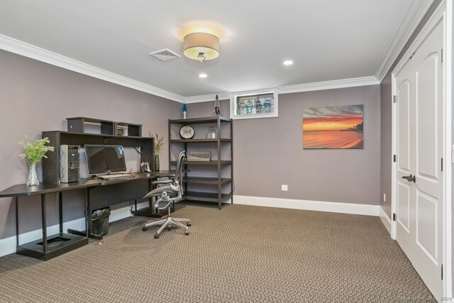 158 N Seir Hill Rd, Norwalk, CT 06850 - carpeted home office featuring visible vents, baseboards, ornamental molding, and recessed lighting
