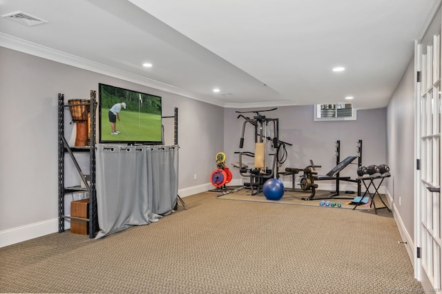 158 N Seir Hill Rd, Norwalk, CT 06850 - workout area featuring ornamental molding, baseboards, visible vents, and recessed lighting