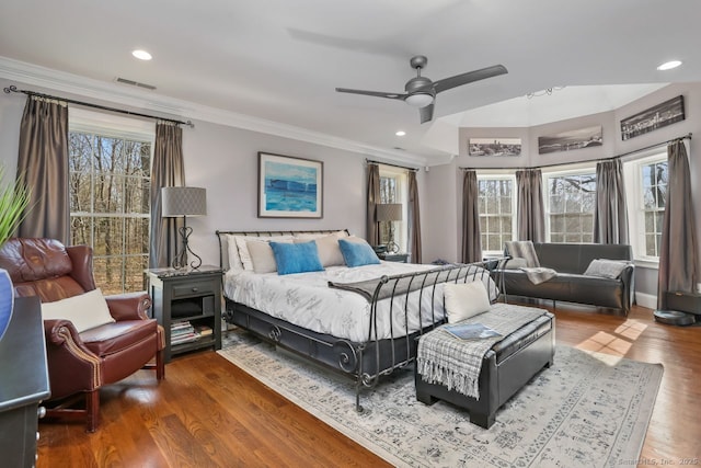 158 N Seir Hill Rd, Norwalk, CT 06850 - bedroom with recessed lighting, ornamental molding, ceiling fan, visible vents, and wood finished floors