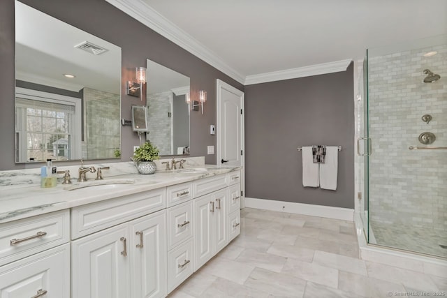 158 N Seir Hill Rd, Norwalk, CT 06850 - full bath featuring a sink, ornamental molding, a shower stall, and visible vents