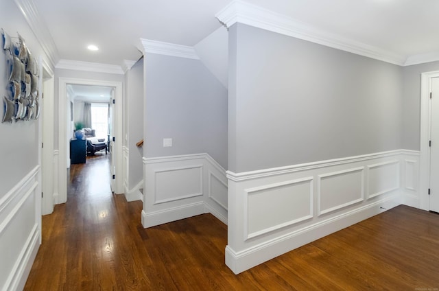 158 N Seir Hill Rd, Norwalk, CT 06850 - corridor with recessed lighting, ornamental molding, dark wood finished floors, a decorative wall, and a wainscoted wall