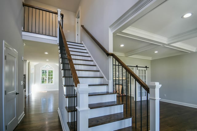 1481 Marion Rd, Cheshire, CT 06410 - staircase with wood finished floors, baseboards, beamed ceiling, ornamental molding, and recessed lighting