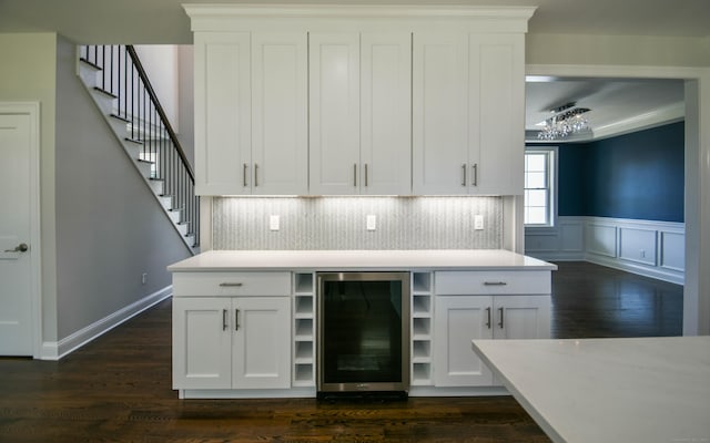 1481 Marion Rd, Cheshire, CT 06410 - kitchen with beverage cooler, light countertops, dark wood finished floors, a wainscoted wall, and open shelves