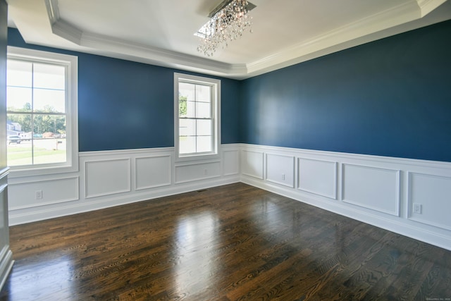 1481 Marion Rd, Cheshire, CT 06410 - unfurnished room with a tray ceiling, crown molding, a chandelier, wainscoting, and dark wood-type flooring