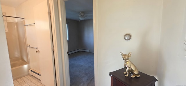 full bathroom with a baseboard radiator, tub / shower combination, and ceiling fan