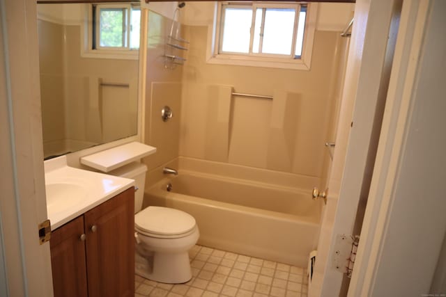 bathroom with shower / bathing tub combination, vanity, toilet, and tile patterned flooring