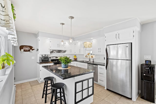 8 Dean Rd, East Lyme, CT 06333 - kitchen featuring appliances with stainless steel finishes, under cabinet range hood, a sink, and backsplash