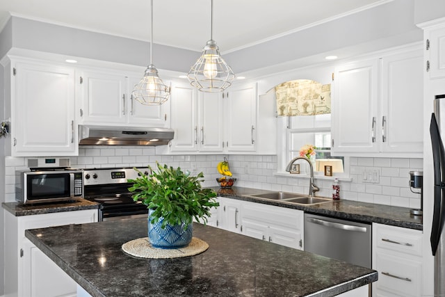 8 Dean Rd, East Lyme, CT 06333 - kitchen featuring under cabinet range hood, a sink, stainless steel appliances, white cabinetry, and decorative backsplash