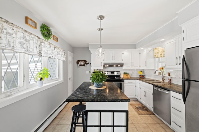 8 Dean Rd, East Lyme, CT 06333 - kitchen with stainless steel appliances, under cabinet range hood, a sink, decorative backsplash, and dark countertops