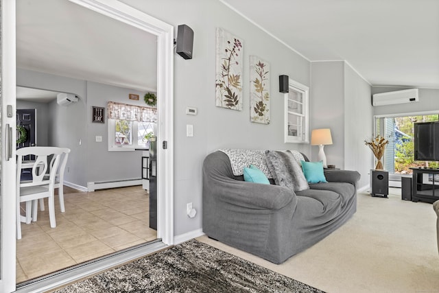 8 Dean Rd, East Lyme, CT 06333 - living area with a wall mounted air conditioner, a baseboard radiator, plenty of natural light, and ornamental molding