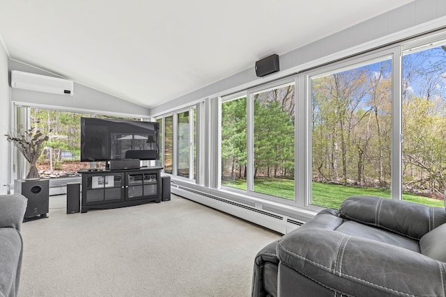 8 Dean Rd, East Lyme, CT 06333 - sunroom / solarium featuring a wall unit AC, a baseboard heating unit, vaulted ceiling, healthy amount of natural light, and carpet