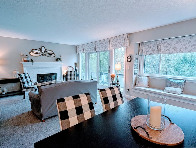 374 Heritage Vlg Unit C, Southbury, CT 06488 - carpeted dining area featuring a brick fireplace and a textured ceiling