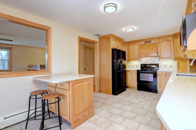 kitchen featuring light countertops, black appliances, backsplash, a sink, and visible vents