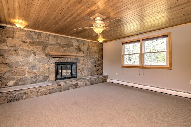 unfurnished living room with wooden ceiling, ceiling fan, a stone fireplace, carpet, and baseboard heating