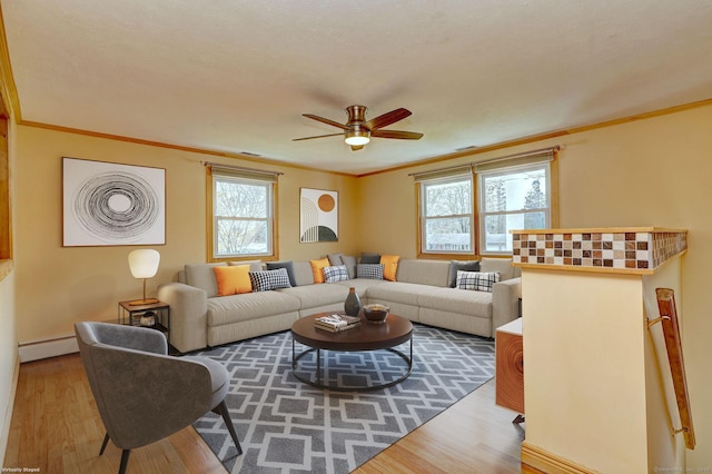 living area featuring wood finished floors, a ceiling fan, crown molding, and a baseboard radiator