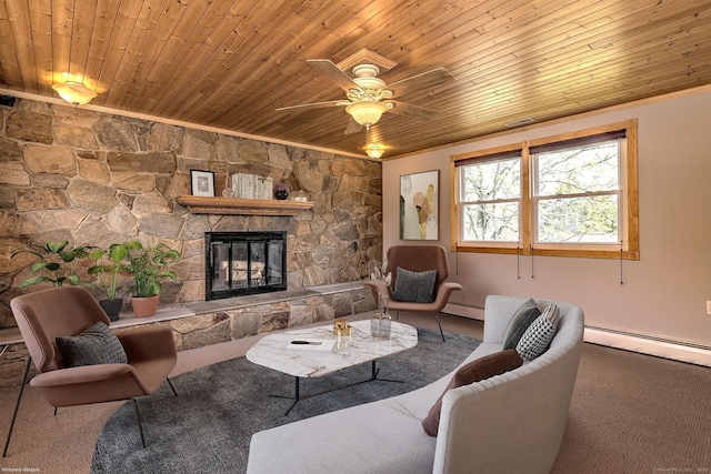 living room featuring wood ceiling, carpet, a stone fireplace, and baseboard heating