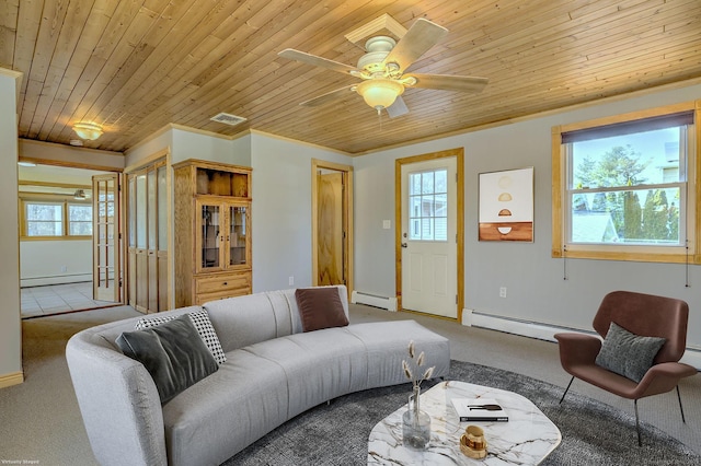 living room with a baseboard heating unit, visible vents, baseboard heating, and wood ceiling