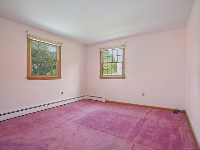 carpeted empty room featuring baseboards and a baseboard radiator