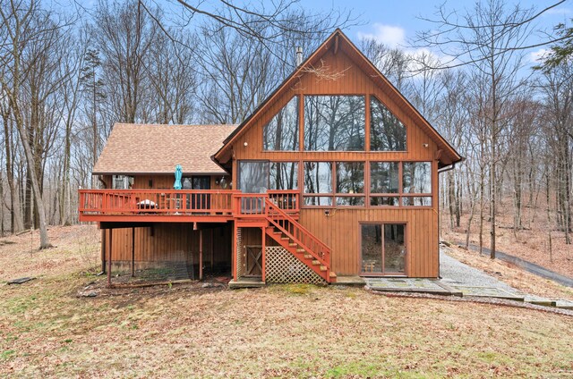 162 Hattertown Rd, Newtown, CT 06470 - rear view of property featuring a shingled roof, a deck, and stairs