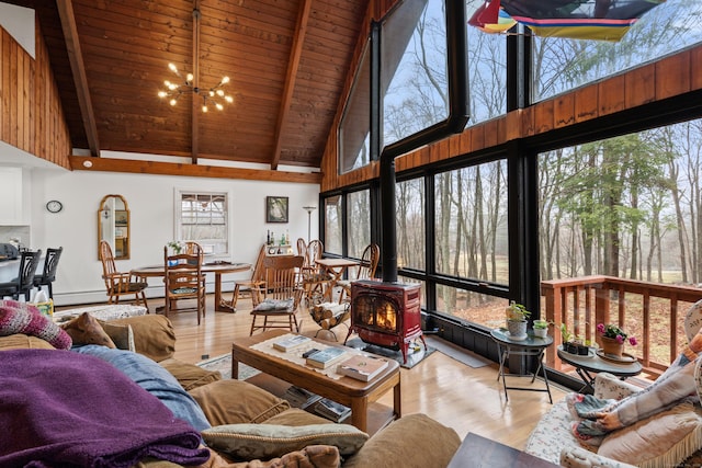 162 Hattertown Rd, Newtown, CT 06470 - living room with a wood stove, wood finished floors, high vaulted ceiling, wood ceiling with exposed beams, and a chandelier