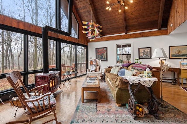 162 Hattertown Rd, Newtown, CT 06470 - living area featuring a wood stove, wooden ceiling with exposed beams, hardwood / wood-style flooring, high vaulted ceiling, and a chandelier