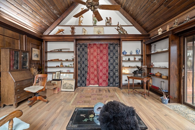 162 Hattertown Rd, Newtown, CT 06470 - living room with wooden ceiling, lofted ceiling, a desk, hardwood / wood-style flooring, and a ceiling fan