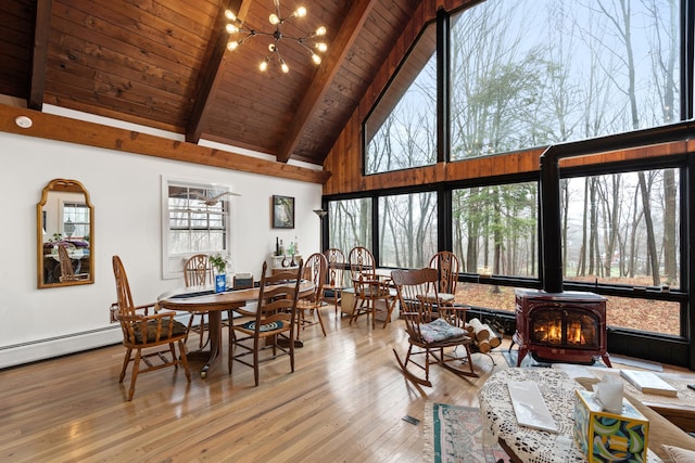 162 Hattertown Rd, Newtown, CT 06470 - dining space featuring a wood stove, wood ceiling with exposed beams, plenty of natural light, a chandelier, and wood-type flooring