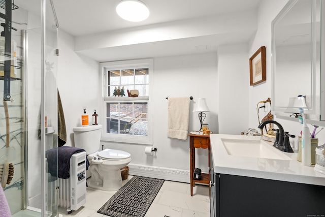 162 Hattertown Rd, Newtown, CT 06470 - bathroom featuring vanity, baseboard heating, a shower stall, and toilet
