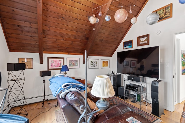 162 Hattertown Rd, Newtown, CT 06470 - living area featuring wooden ceiling with exposed beams, wood finished floors, a baseboard heating unit, and high vaulted ceiling