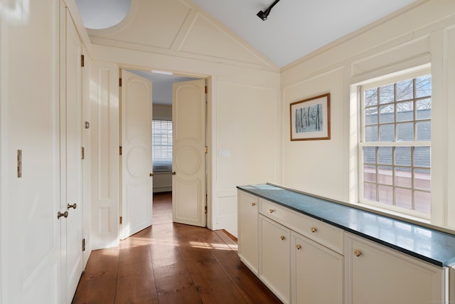 24-26 Lyme St, Old Lyme, CT 06371 - hallway featuring a wealth of natural light, lofted ceiling, a decorative wall, and dark wood-style flooring