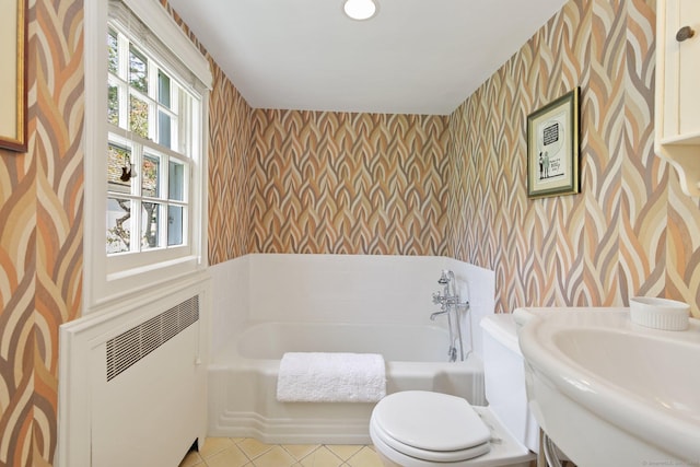 167 Skunk Ln, Wilton, CT 06897 - full bathroom featuring wallpapered walls, tile patterned flooring, radiator, a bath, and toilet
