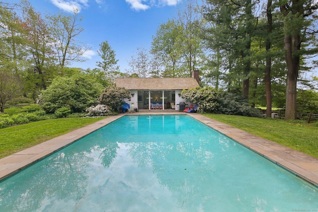 167 Skunk Ln, Wilton, CT 06897 - swimming pool with a storage structure, an outdoor structure, and a lawn