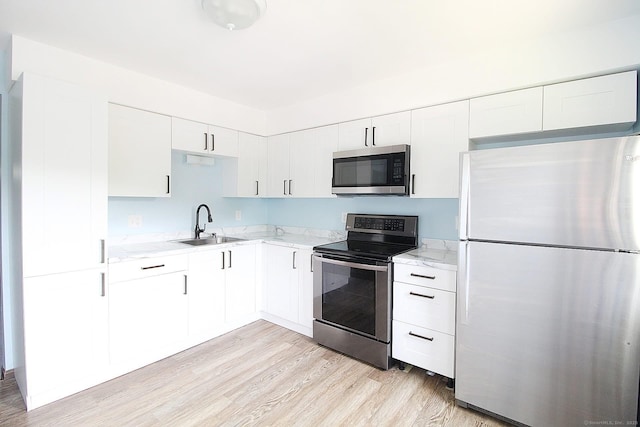 kitchen featuring light wood-style flooring, a sink, stainless steel appliances, and white cabinets