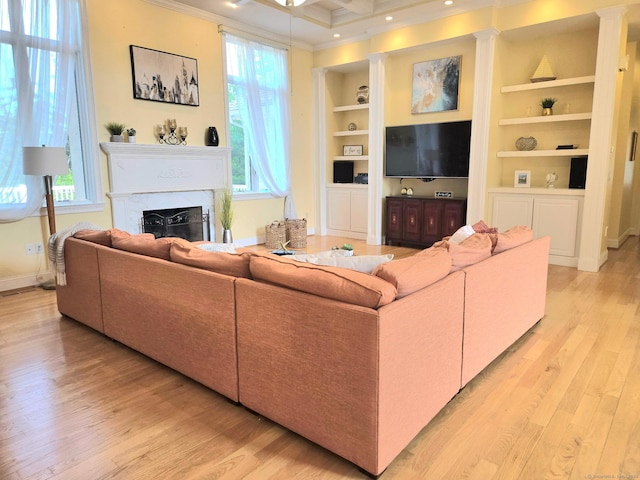 21 Autumn Cir, Rocky Hill, CT 06067 - living area featuring ornamental molding, light wood finished floors, a premium fireplace, baseboards, and built in shelves