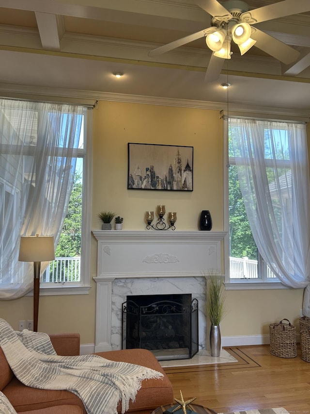 21 Autumn Cir, Rocky Hill, CT 06067 - living area with plenty of natural light, a premium fireplace, crown molding, wood finished floors, and a ceiling fan