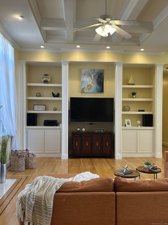 21 Autumn Cir, Rocky Hill, CT 06067 - living room featuring ornate columns, ceiling fan, ornamental molding, coffered ceiling, and beam ceiling
