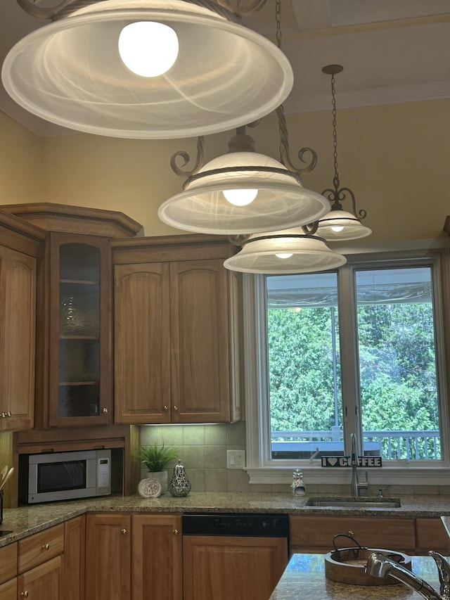 21 Autumn Cir, Rocky Hill, CT 06067 - kitchen with dishwasher, stainless steel microwave, ornamental molding, a sink, and glass insert cabinets