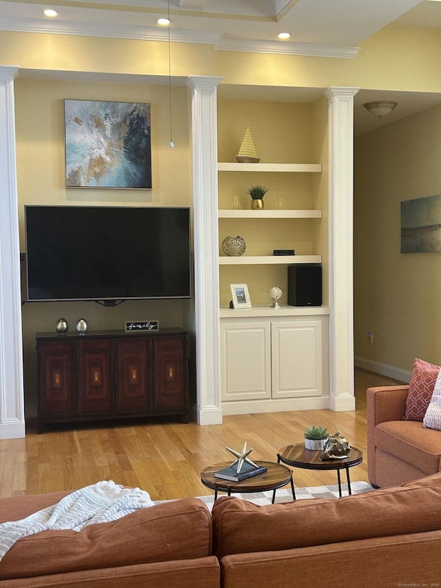 21 Autumn Cir, Rocky Hill, CT 06067 - living area featuring ornate columns, light wood finished floors, crown molding, baseboards, and built in shelves