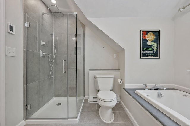 full bathroom with toilet, a stall shower, tile patterned flooring, a bath, and baseboards