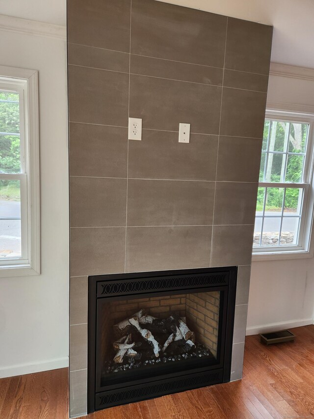 154 Falls Rd, East Haddam, CT 06469 - detailed view of a fireplace, wood finished floors, and crown molding