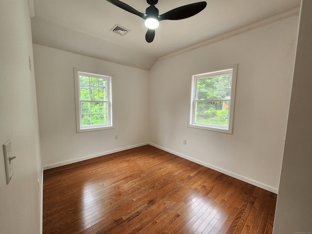 154 Falls Rd, East Haddam, CT 06469 - unfurnished room with hardwood / wood-style flooring, vaulted ceiling, ceiling fan, and crown molding