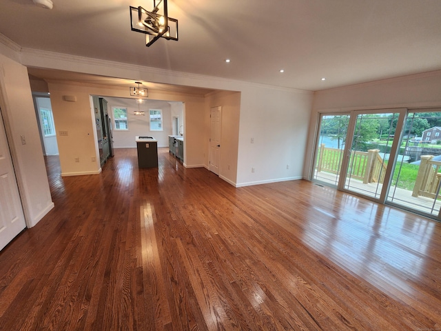 154 Falls Rd, East Haddam, CT 06469 - unfurnished living room with crown molding, dark wood finished floors, and recessed lighting