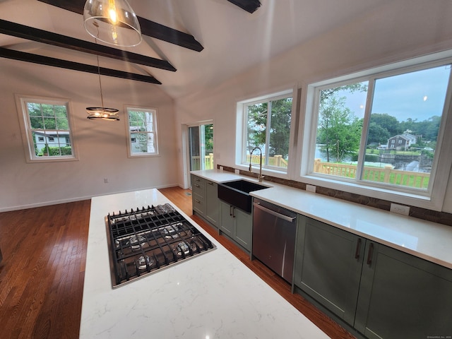 154 Falls Rd, East Haddam, CT 06469 - kitchen featuring stainless steel appliances, gray cabinetry, healthy amount of natural light, beamed ceiling, and dark wood finished floors