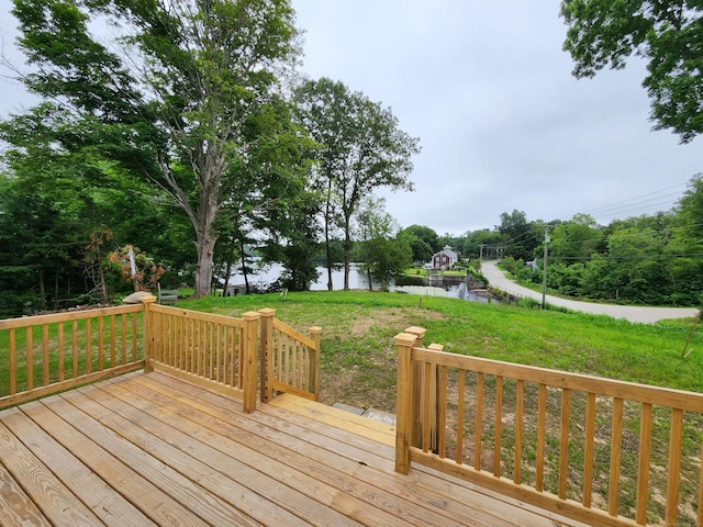 154 Falls Rd, East Haddam, CT 06469 - wooden terrace featuring a water view and a yard