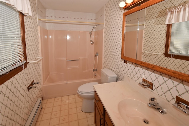 bathroom with toilet, vanity, wallpapered walls, shower / tub combination, and a baseboard heating unit