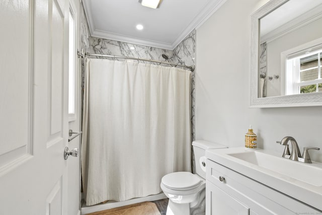 10 Bidwell Ter, Middletown, CT 06457 - bathroom featuring toilet, vanity, ornamental molding, and a shower with curtain