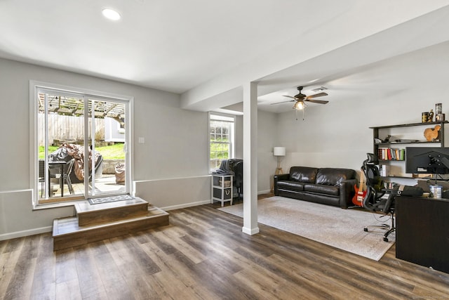 10 Bidwell Ter, Middletown, CT 06457 - living room with ceiling fan, baseboards, wood finished floors, and recessed lighting