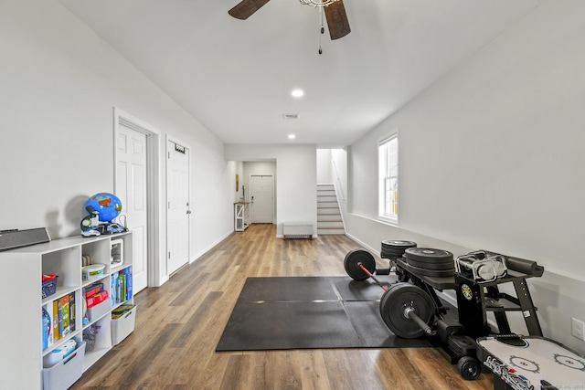 10 Bidwell Ter, Middletown, CT 06457 - workout room featuring ceiling fan, wood finished floors, and recessed lighting