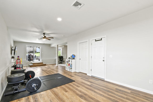 10 Bidwell Ter, Middletown, CT 06457 - workout area with wood finished floors, ceiling fan, baseboards, visible vents, and recessed lighting